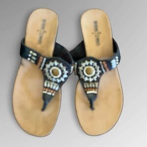 MINNIETONKA BEADED SANDALS WOMENS 6 TAN LEATHER SILVER, TAN, black Beads